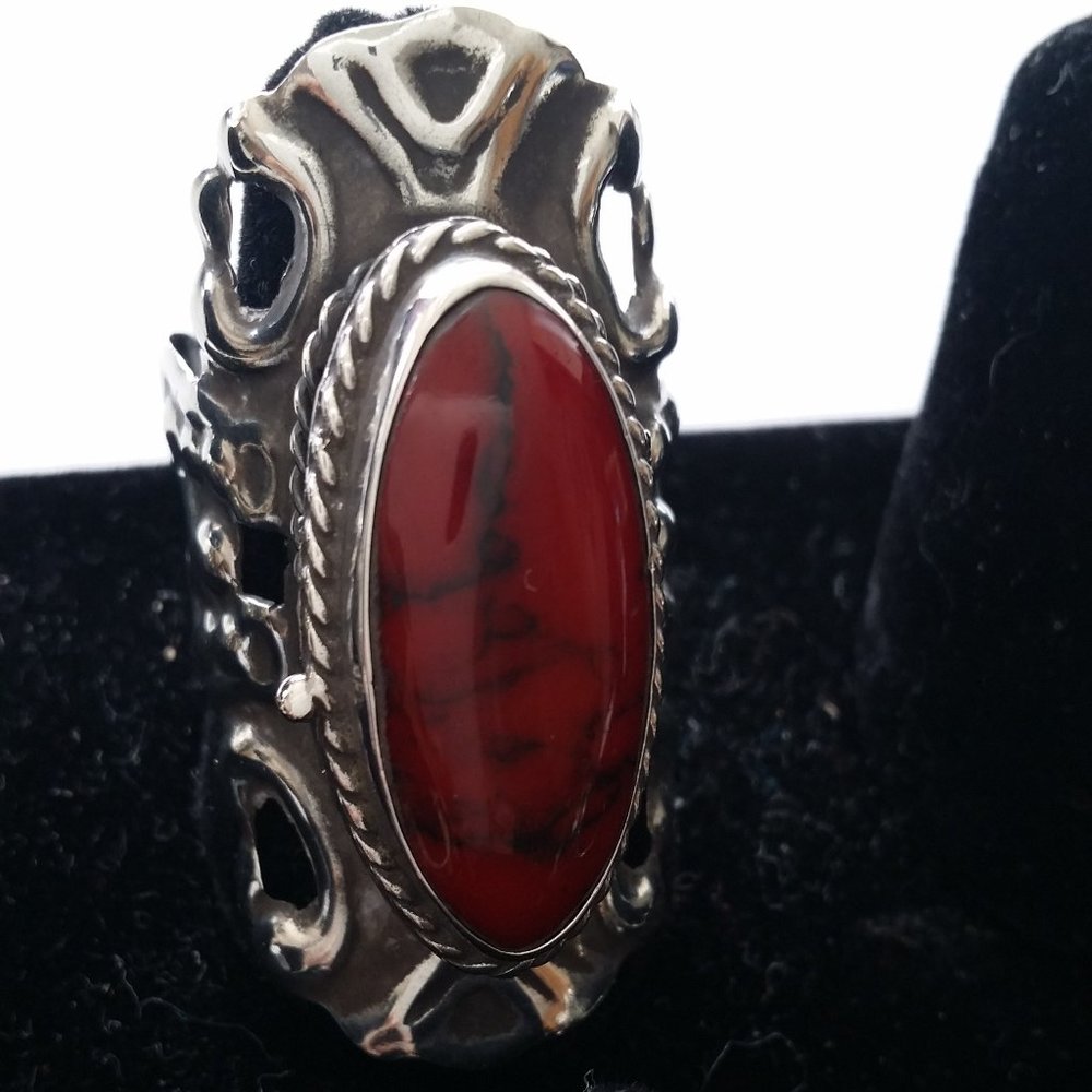 Taxco Mexico Silver Red Coral Pill Big Ring O/S